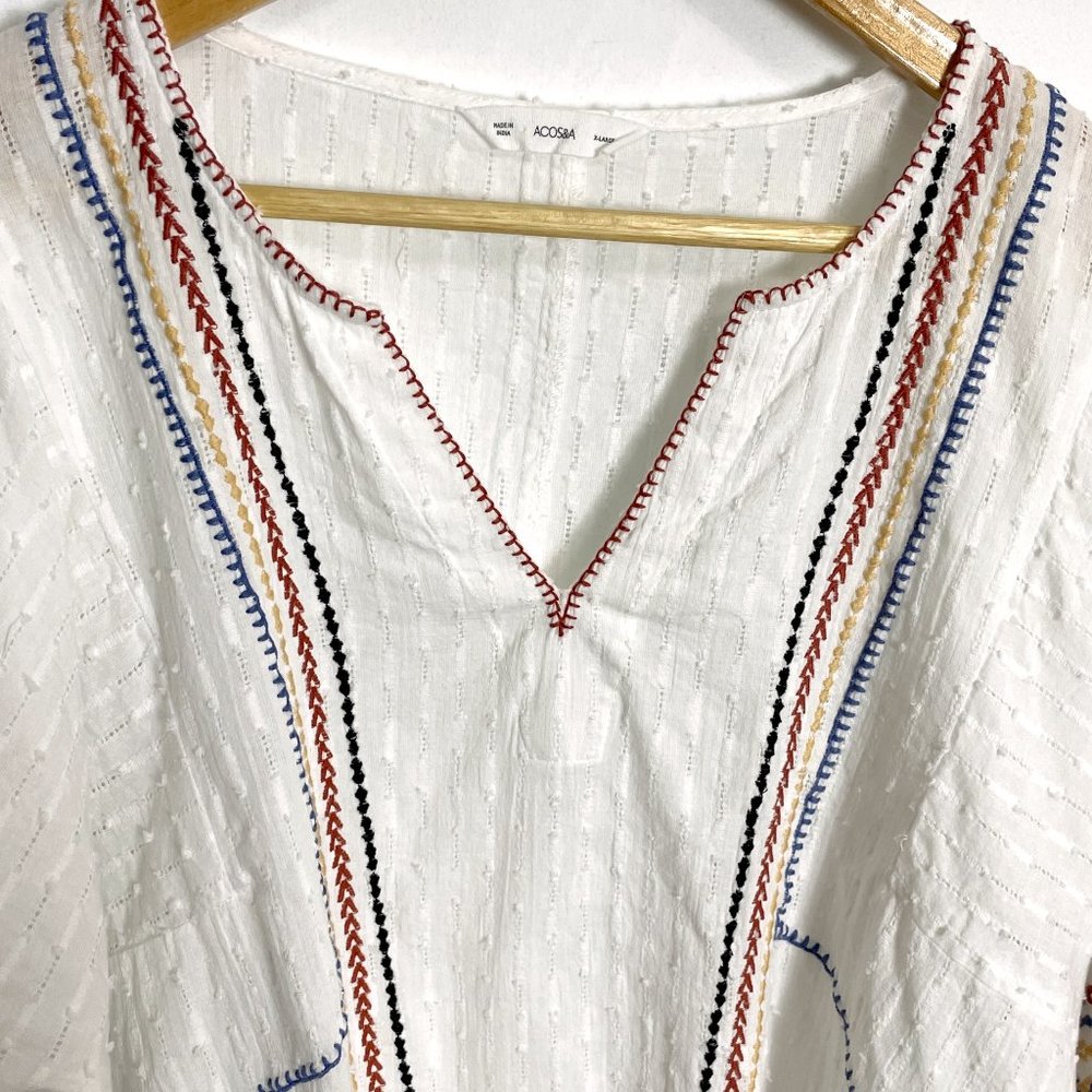 ACOS&A white boho cotton tunic top XL – embroidered v-neck, puff sleeves - Picture 2 of 8